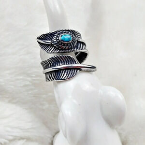 Boho Stainless Steel Feather Turquoise Ring Festival Gypsy Bohemian